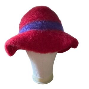 Handmade Felted Wool Cloche Hat Red Purple Band Boiled Wool Artisanal Winter